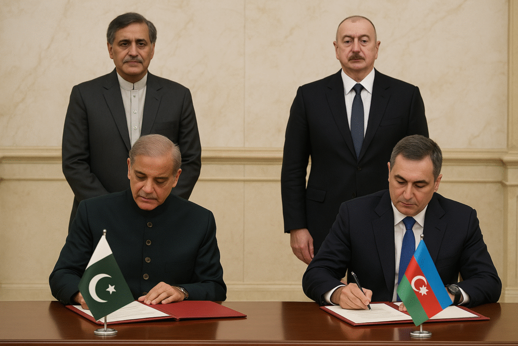 Pakistani and Azerbaijani leaders signing agreement